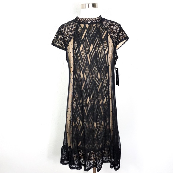 AUW Dresses & Skirts - AUW | Nude & Black Lace Mock Neck Dress NWT
